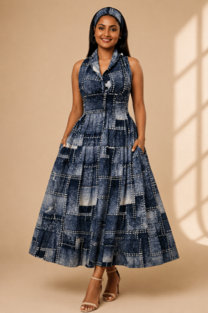 Indigo Patchwork Midi Dress