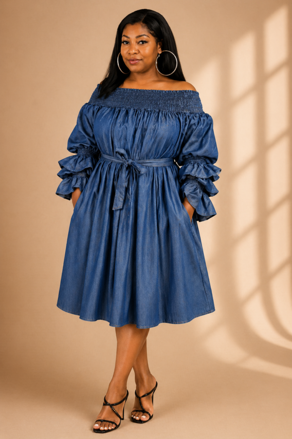 Denim Off-Shoulder Midi Dress