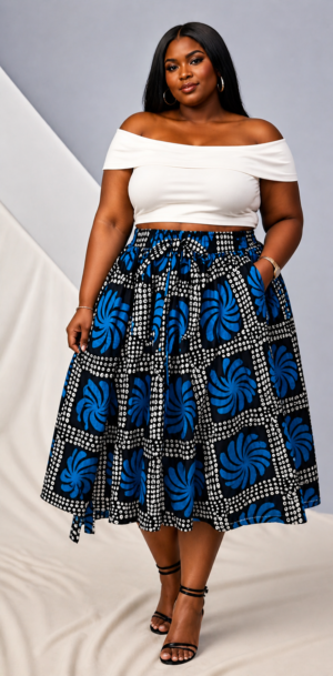 Midnight Blue Print Midi Skirt