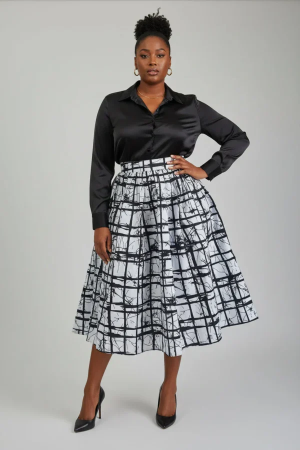 Monochrome Grid Midi Skirt